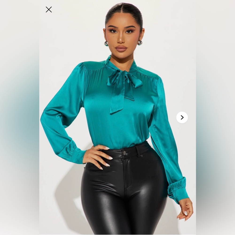 Sale! Fashion Nova Teal Satin Bow Blouse SOLD OUT!